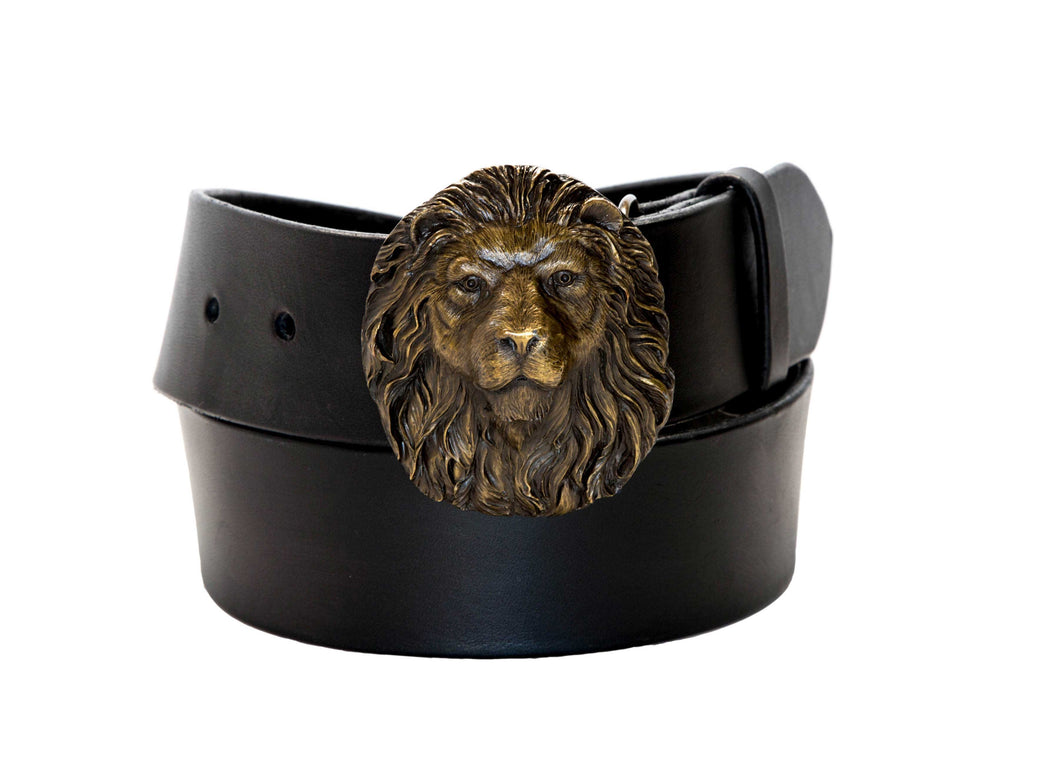 Leather Belt with Vintage Lion's Head Buckle - Gone Rogue