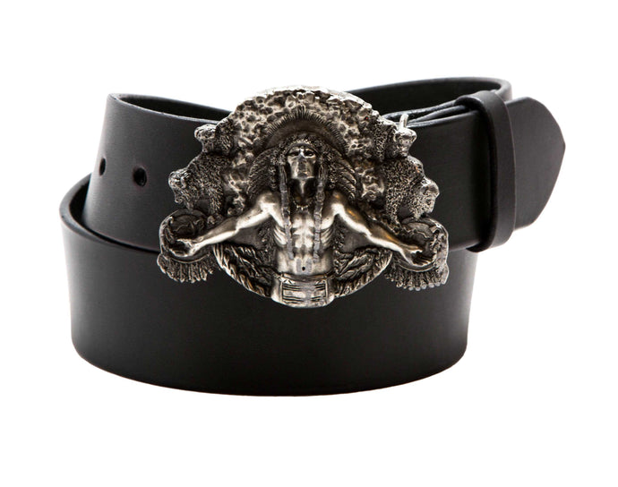 Leather Belt with Vintage Indian Chief Buckle - Gone Rogue